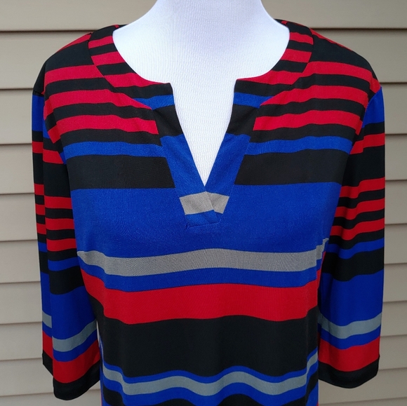 Emma & Michele Multicolor Striped Shift Dress Blue Red Black 3/4 Sleeves Stretch - Picture 4 of 14